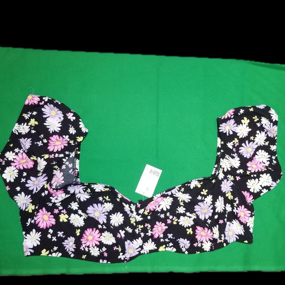 H&M Divided Crop Top Puff Sleeve Black Floral Plus Size 4XL Peasant Cottage NWT